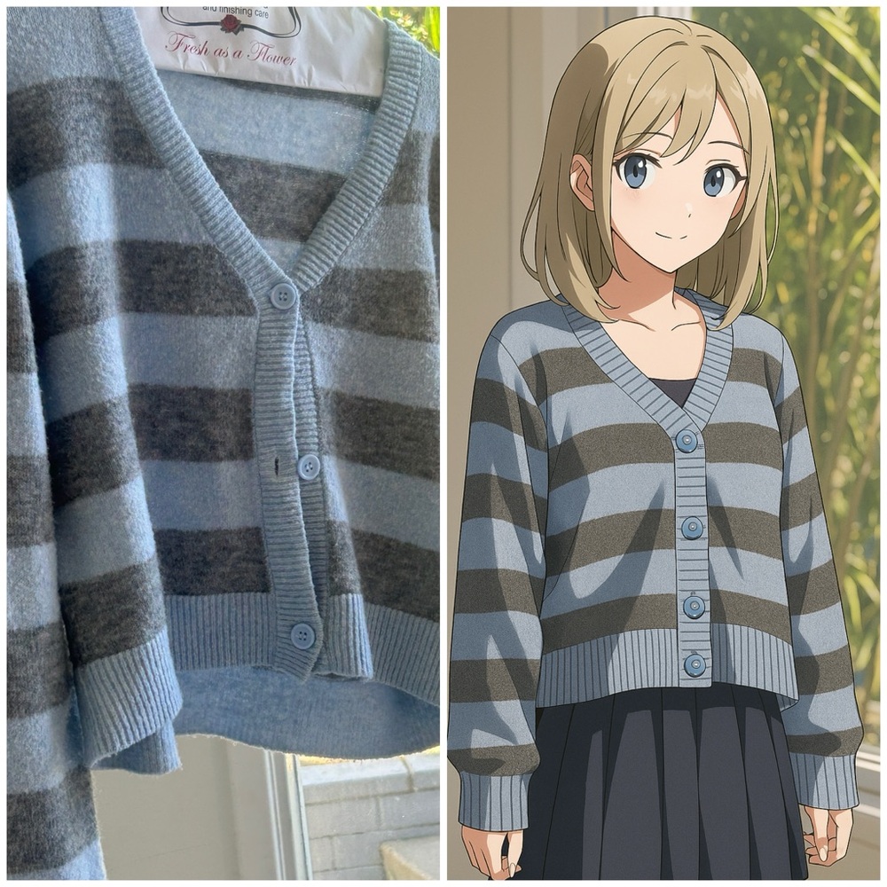 Blue and Gray Striped Cardigan Sweater